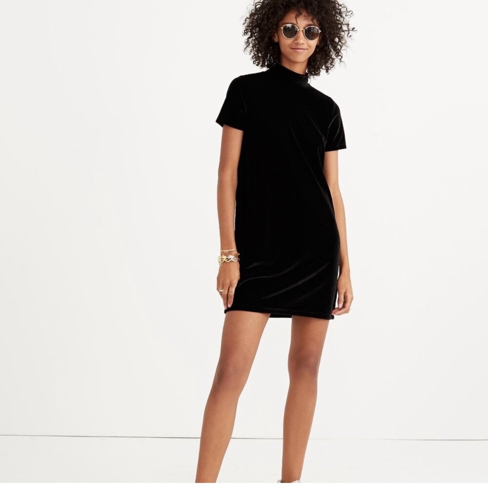 Madewell Black Velvet Mock Neck Mini Dress Short Sleeve Date Night LBD